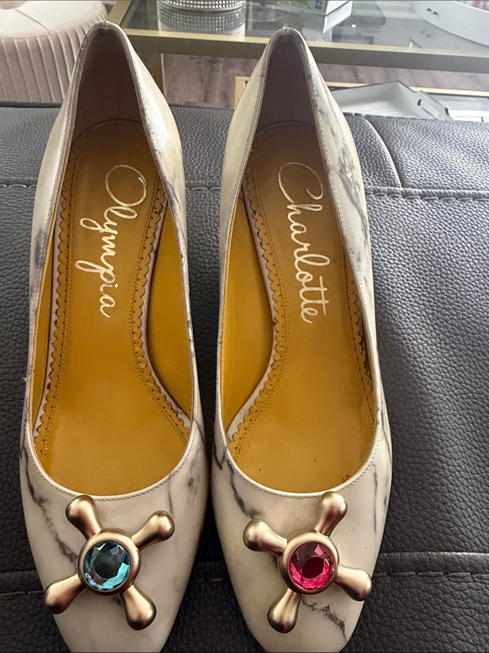 Charlotte Olympia Marble-Print Cream Pumps with Blue and Pink Gem Crosses